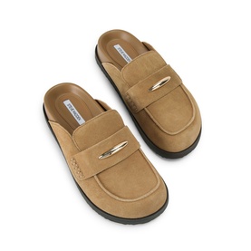 Steve Madden brown suede slip-on mule loafers with gold-tone bar detail and chunky dark rubber sole, overhead view