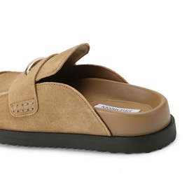 Steve Madden brown suede flat mule sandal with silver buckle strap detail and black sole, rear angle view