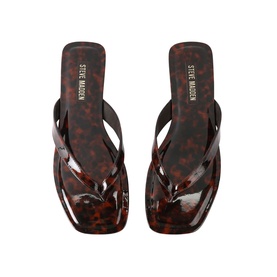 Steve Madden brown tortoiseshell patent thong sandals with square toe and block heel, top-down view
