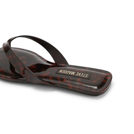 Steve Madden brown tortoiseshell flat thong sandal with square toe and branded insole, close-up detail shot