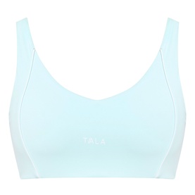 Tala SkinLuxe Contrast Piping Sports Bra in Soft Mint, V-neckline, contrast piping detail and printed logo