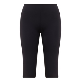 Tala Shadow Black cropped cycling shorts leggings in stretch polyamide, knee-length with wide waistband, flat lay view.