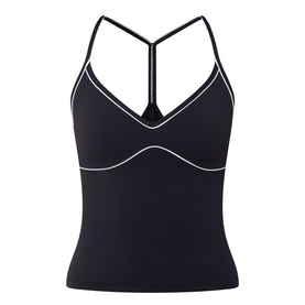 Tala cami top in Shadow Black with white contrast piping trim, V-neckline, and cross-back strappy detail