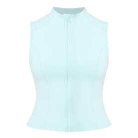 Tala SkinLuxe Zip Through Running Top in Soft Mint, sleeveless mock neck with front zip fastening and sculpting seams