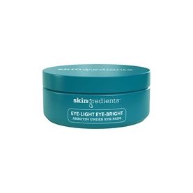 The Skin Nerd Eye-Light Eye-Bright Arbutin Under-Eye Pads in a teal lidded pot, front-facing primary shot