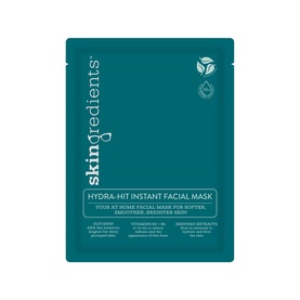 The Skin Nerd Hydra-Hit Instant Facial Mask in teal foil sheet mask packaging with ingredient callouts on front