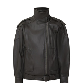Vince Deep Forest lamb leather jacket with high funnel neck, zip front, epaulette shoulders, and belted hem