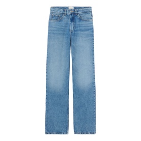 Claude Pierlot Straight Leg Jeans in blue denim, five-pocket style with faded details, silver rivets, and button-zip fastening
