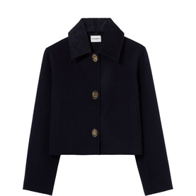 Claude Pierlot cropped blue wool jacket with wide collar, gold branded buttons, and long sleeves, on flat lay