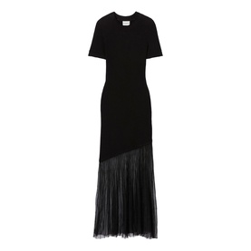 Claude Pierlot black short-sleeve maxi dress with ribbed bodice and sheer pleated mesh skirt panel