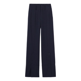 Claude Pierlot Straight Leg Trousers in blue with thick waistband, belt loops, front seam detail and ankle slits with button plackets