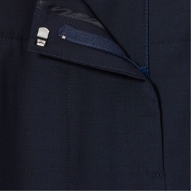 Claude Pierlot Straight Leg Trousers in blue, close-up of concealed front zip and hook fastening detail with navy lining visible.