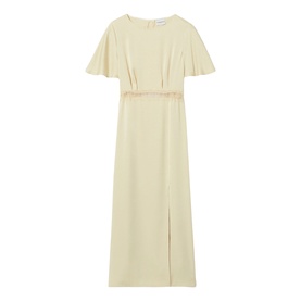 Claude Pierlot Lace Slit Dress in baby yellow, midi length, satin effect, flutter sleeves, lace trim at waist, left leg slit