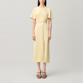 Model wearing Claude Pierlot Lace Slit Dress in baby yellow, satin-effect midi length with short flutter sleeves, round neck, and left leg slit.