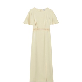 Claude Pierlot Lace Slit Dress in baby yellow, midi length, satin effect, flutter sleeves, lace trim at waist, left leg slit