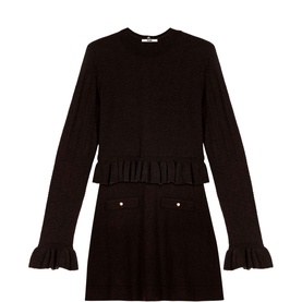 Maje Womens French Dress in dark brown, long-sleeve knit mini dress with ruffle hem detail and patch pockets