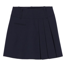 Claude Pierlot Asymmetric Pleated Mini Skirt in blue wool blend, thick waistband with belt loops, flat pleats on left, double-welt pocket on right