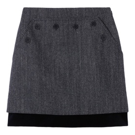 Claude Pierlot mini skirt in black herringbone with button detail and contrast velvet hem trim, laid flat