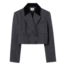 Claude Pierlot cropped double-breasted blazer in black with velvet contrast collar and patch pockets