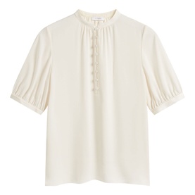 Hobbs cream short puff-sleeve blouse with mandarin collar and decorative button placket detail