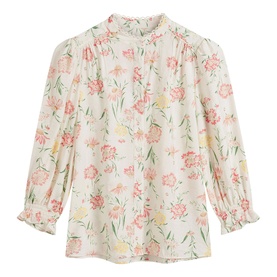 Hobbs ivory multi floral blouse with frill neckline, ruched cuffs, and long puffed sleeves in a delicate pink and green print