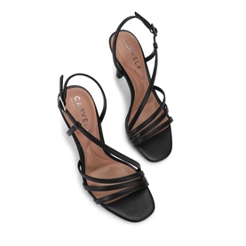 Carvela black strappy heeled sandals with slim ankle strap, block heel, and tan insole, overhead flat lay view.