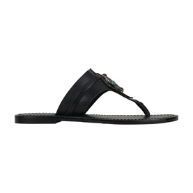 Bash black leather thong sandal with dark metallic buckle detail, flat sole, stud-edged footbed