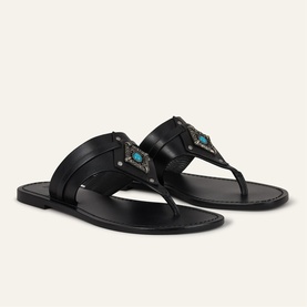 Bash black leather toe-post sandals with turquoise stone and stud embellishment on strap, flat sole