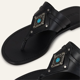 Bash black leather thong sandals with silver-tone diamond embellishment and turquoise stone detail, silver stud trim, flat sole