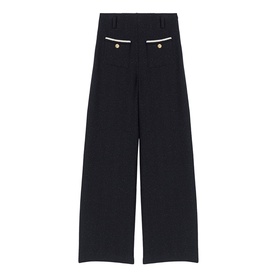 Maje Womens French Dress trousers in red, wide-leg silhouette with gold-tone button detail and contrast white trim pockets.