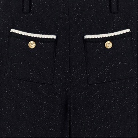 Maje Womens French Dress in red tweed, close-up of patch pockets with cream trim and gold button detail.