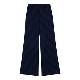 Maje wide-leg trousers in navy blue pinstripe, tailored cut with high waist and flared hem