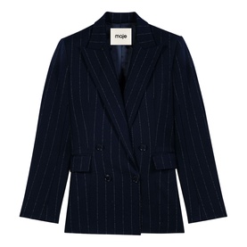 Maje navy pinstripe double-breasted blazer with flap pockets and long sleeves