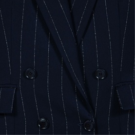 Maje Womens French Dress in navy blue pinstripe fabric, double-breasted with dark buttons, close-up detail shot.