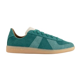 Adidas trainer in Active Green suede with white stripe detailing, cream tongue, and gum rubber sole