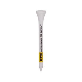 PTS Professional Tee System white golf tee with yellow and white branded logo, pointed tip and flared head
