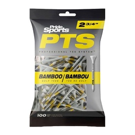 Pride Sports PTS Bamboo Golf Tees 2&frac34; inch, pack of 100, white and yellow tees in resealable bag