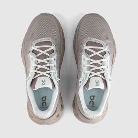 On Running trainers in Cinder Iceberg, overhead view showing taupe mesh upper, white laces and light blue insole detail.