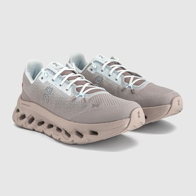 On Running Cloudmonster women's trainers in Cinder Iceberg, taupe mesh upper with white sole and cushioned cloud pods