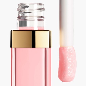 Chanel Lip Gloss in 432 Cristal, sheer pale pink formula with shimmer, shown with applicator wand and gold-tone collar