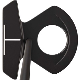 Matte black golf putter head with circular cutout and white alignment lines, shown from above at an angle