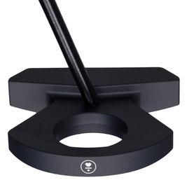 Matte black golf putter with circular alignment hole in clubhead, angled hosel, and black shaft, shown on white background