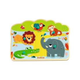 Djeco wooden jungle animal puzzle featuring elephant, lion, crocodile, parrot and monkey pieces in bright multicolour