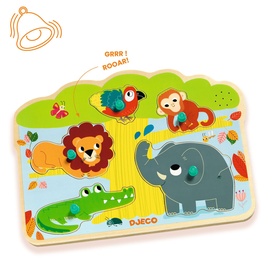 Djeco multi-coloured wooden jungle animal sound puzzle featuring lion, elephant, crocodile, monkey and parrot pieces