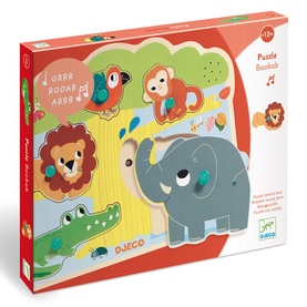 Djeco Puzzle Baobab wooden puzzle box featuring colourful jungle animals including elephant, lion, crocodile and monkey, multi-coloured