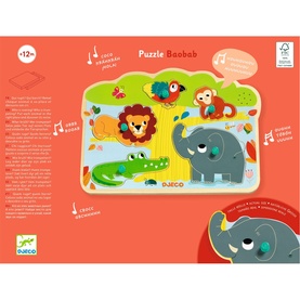 Djeco Puzzle Boobab wooden puzzle box featuring jungle animals including a lion, elephant, crocodile and monkey in bright colours