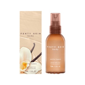 Fenty Skin Body Vanilla Flowers shimmer body mist, 75ml amber glass spray bottle shown with matching packaging box
