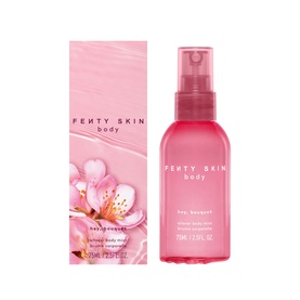 Fenty Skin Body Hey Bouquet Body Mist in pink spray bottle with matching floral pink box packaging