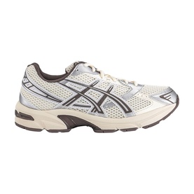 Asics GEL-1130 trainer in cream and cocoa powder, mesh upper with brown and silver overlays, chunky off-white sole