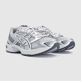 Asics Gel-1130 trainers in Glacier Grey and Pure Silver with white sole, mesh upper and silver overlays